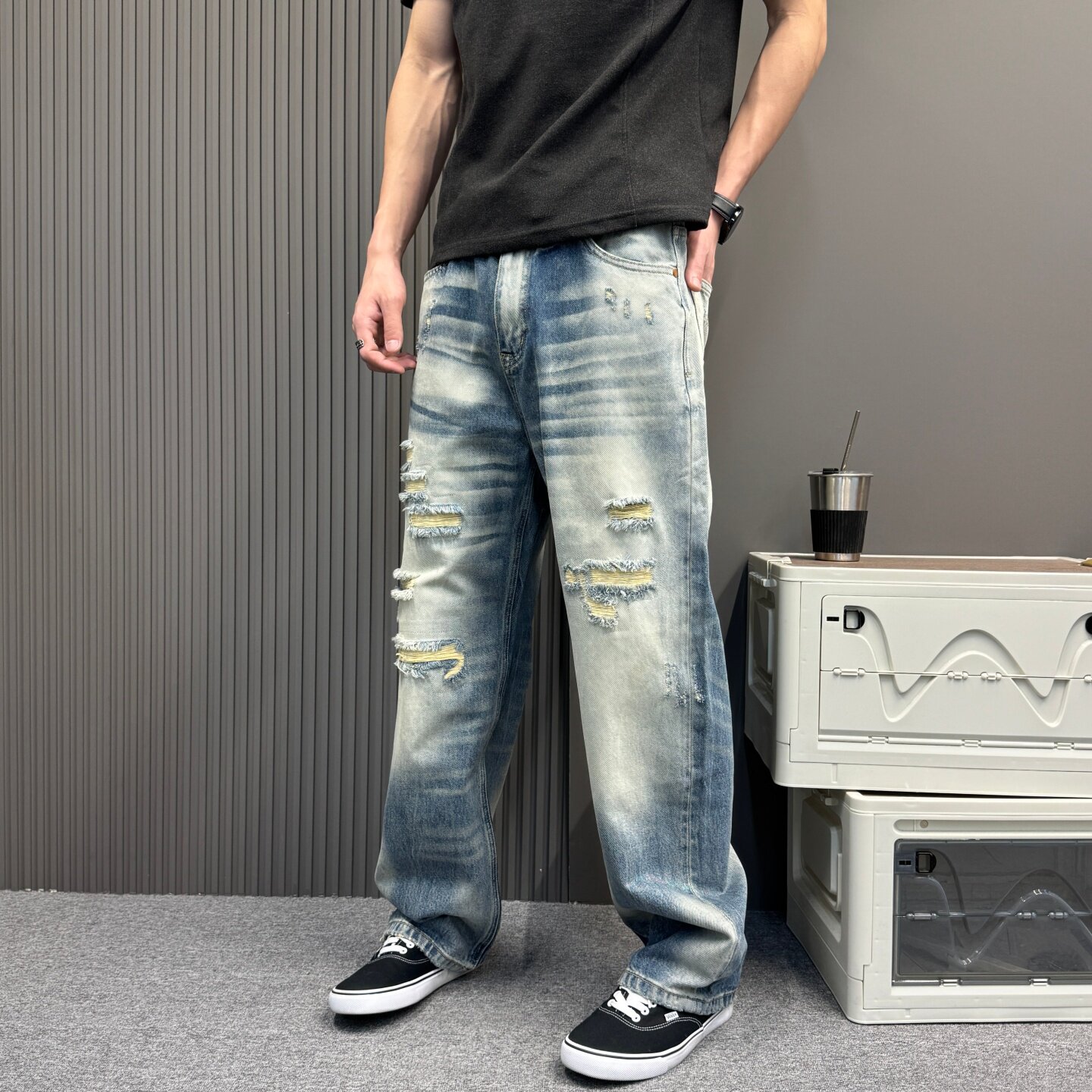 美式蓝色渐变破洞牛仔裤男士潮牌宽松直筒猫须阔腿长裤百搭休闲裤