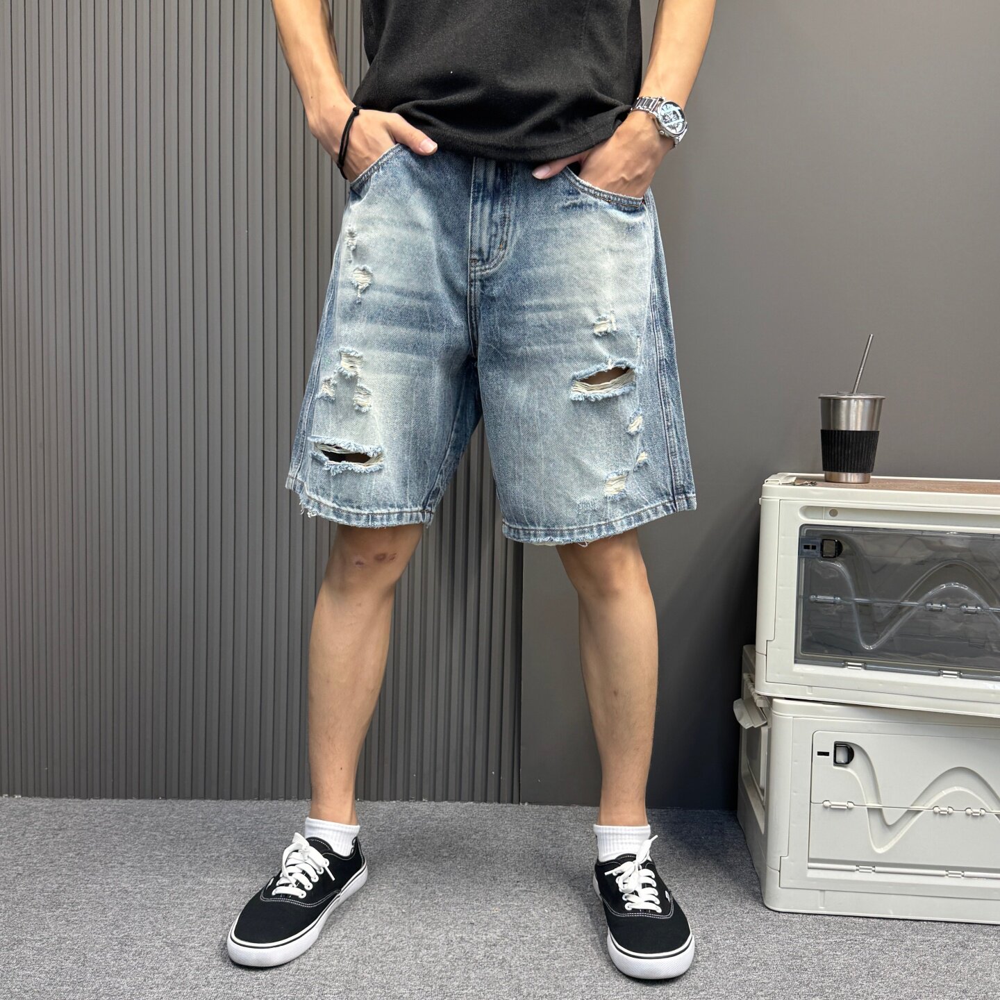 港风休闲破洞牛仔短裤男女款夏季宽松直筒五分裤水洗怀旧蓝色潮牌