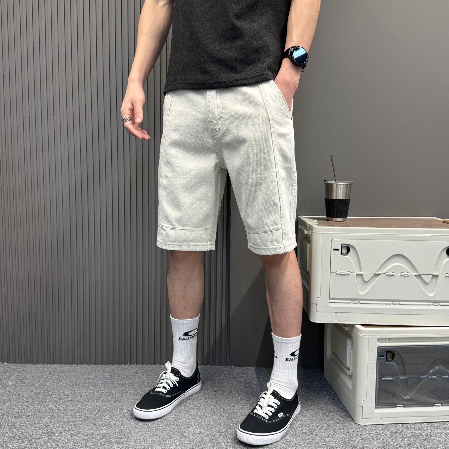 2026年新款纯棉拼接白色工装裤子男美式休闲痞帅牛仔短裤五分中裤