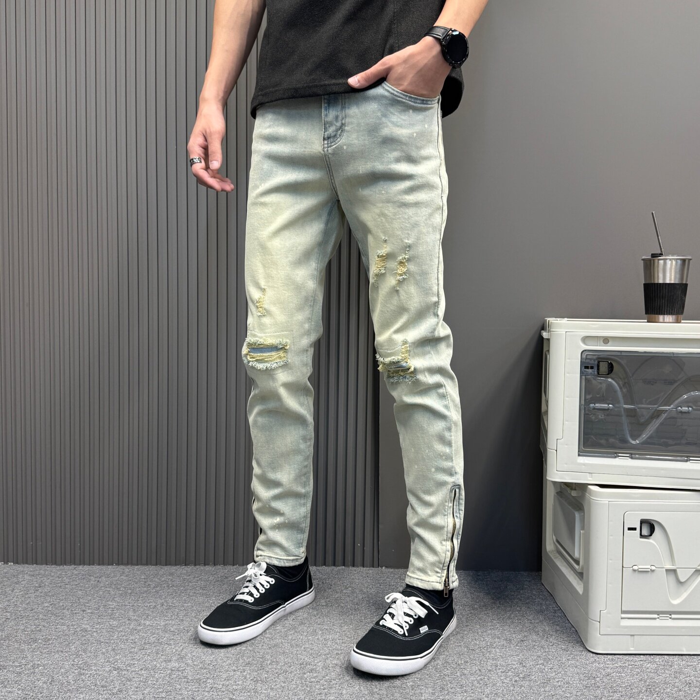 美式破洞微弹牛仔裤男夏季修身