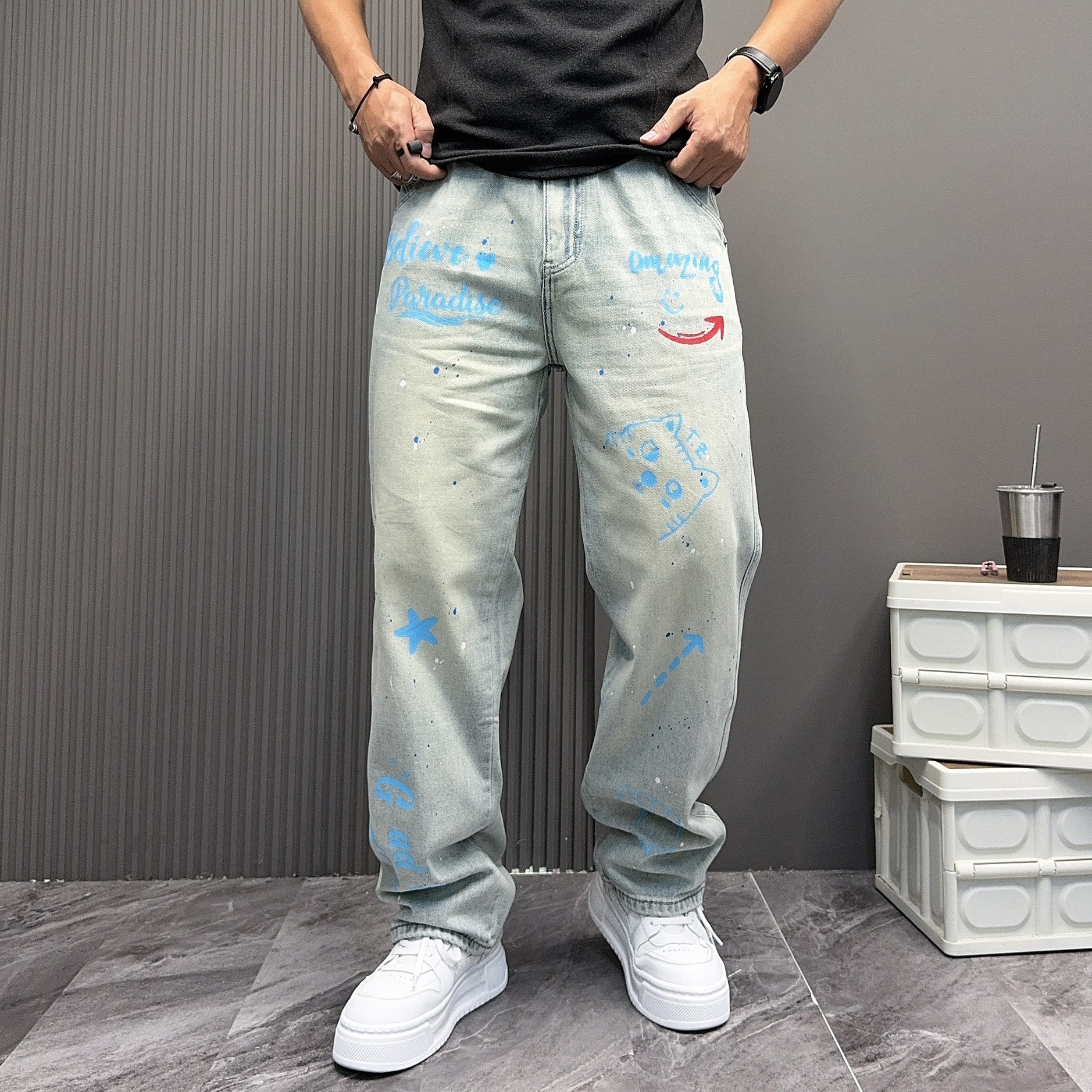 春季美式休闲痞帅复古涂鸦彩绘牛仔裤男直筒宽松百搭阔腿裤子潮牌