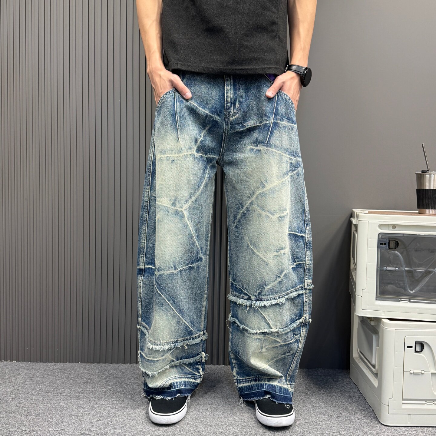 拼接牛仔裤男几何毛边解构做旧水洗宽松阔腿直筒美式高街弯刀裤