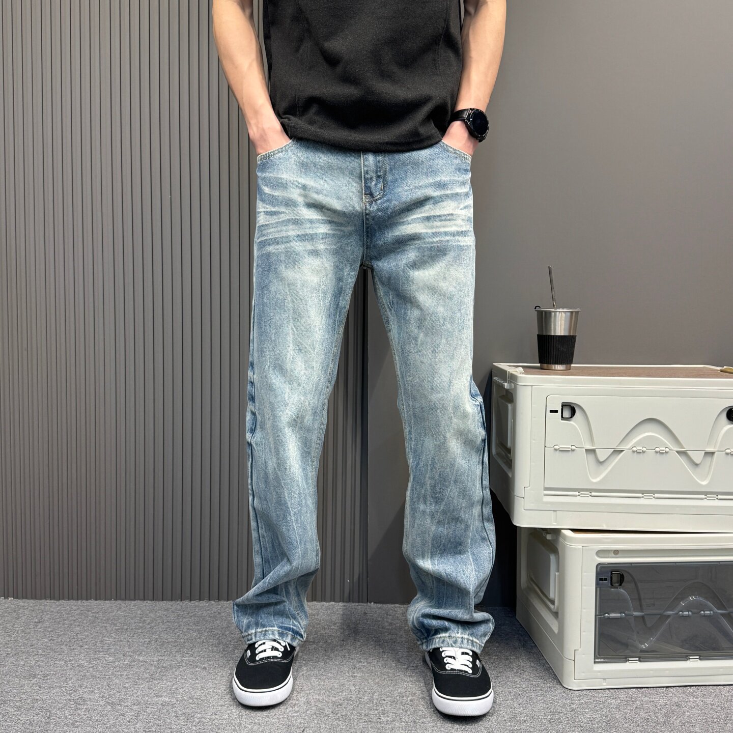 春夏装高级感美式高街复古水洗微喇牛仔裤显瘦百搭痞帅休闲长裤男