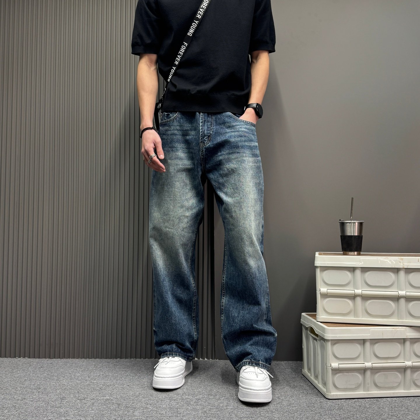 【极简慵懒风】cleanfit老钱风高密横竖竹节棉宽松直筒阔腿牛仔裤