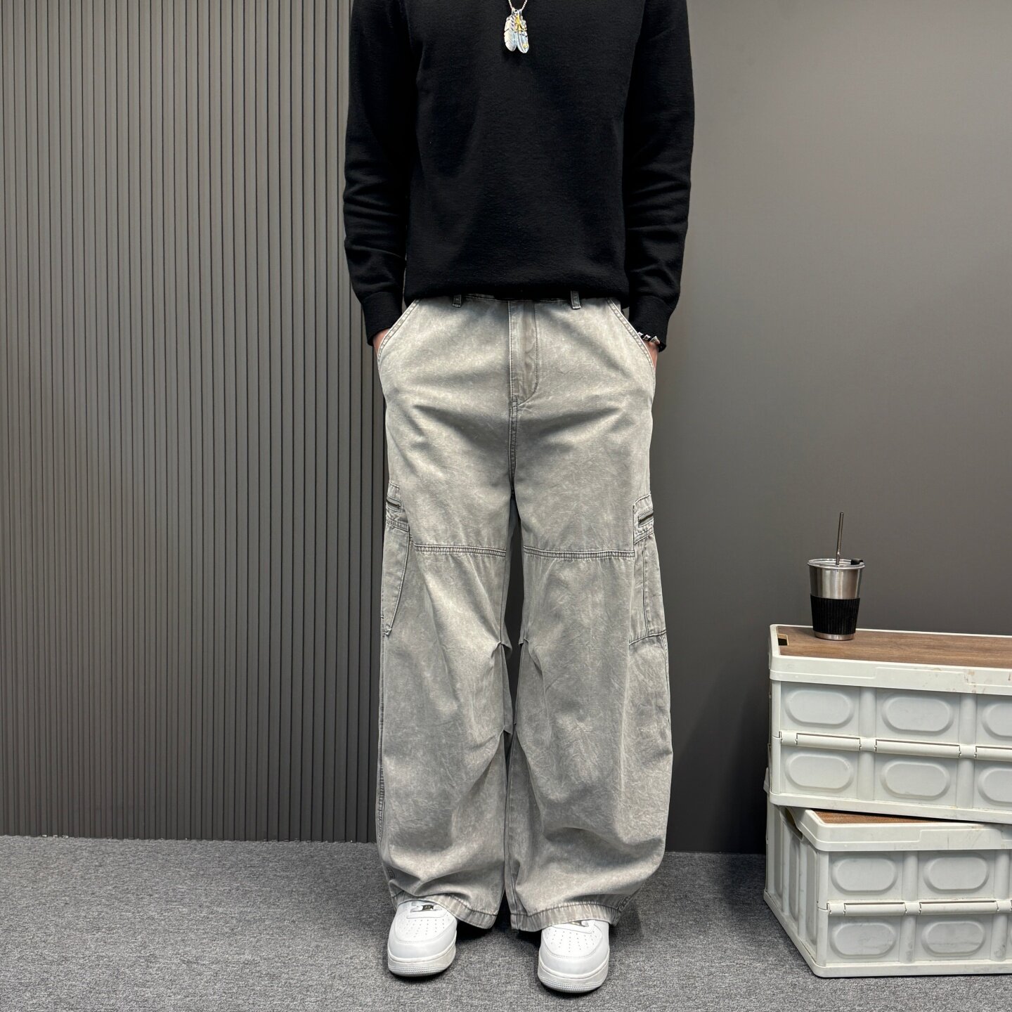 美式复古设计感多口袋工装裤中性男女款2026新款弯刀阔腿直筒长裤