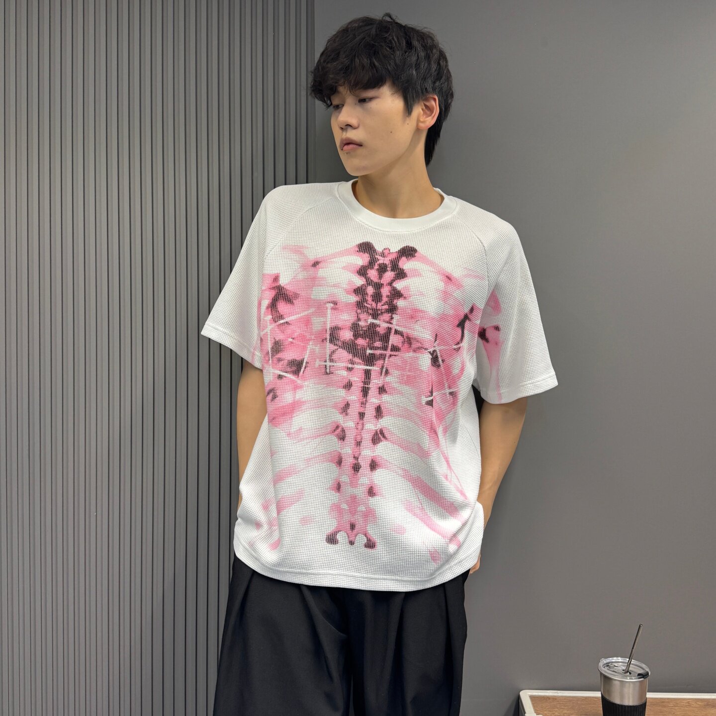 美式复古暗黑风哥特骷髅骨架印花短袖T恤男女宽松华夫格高街潮牌