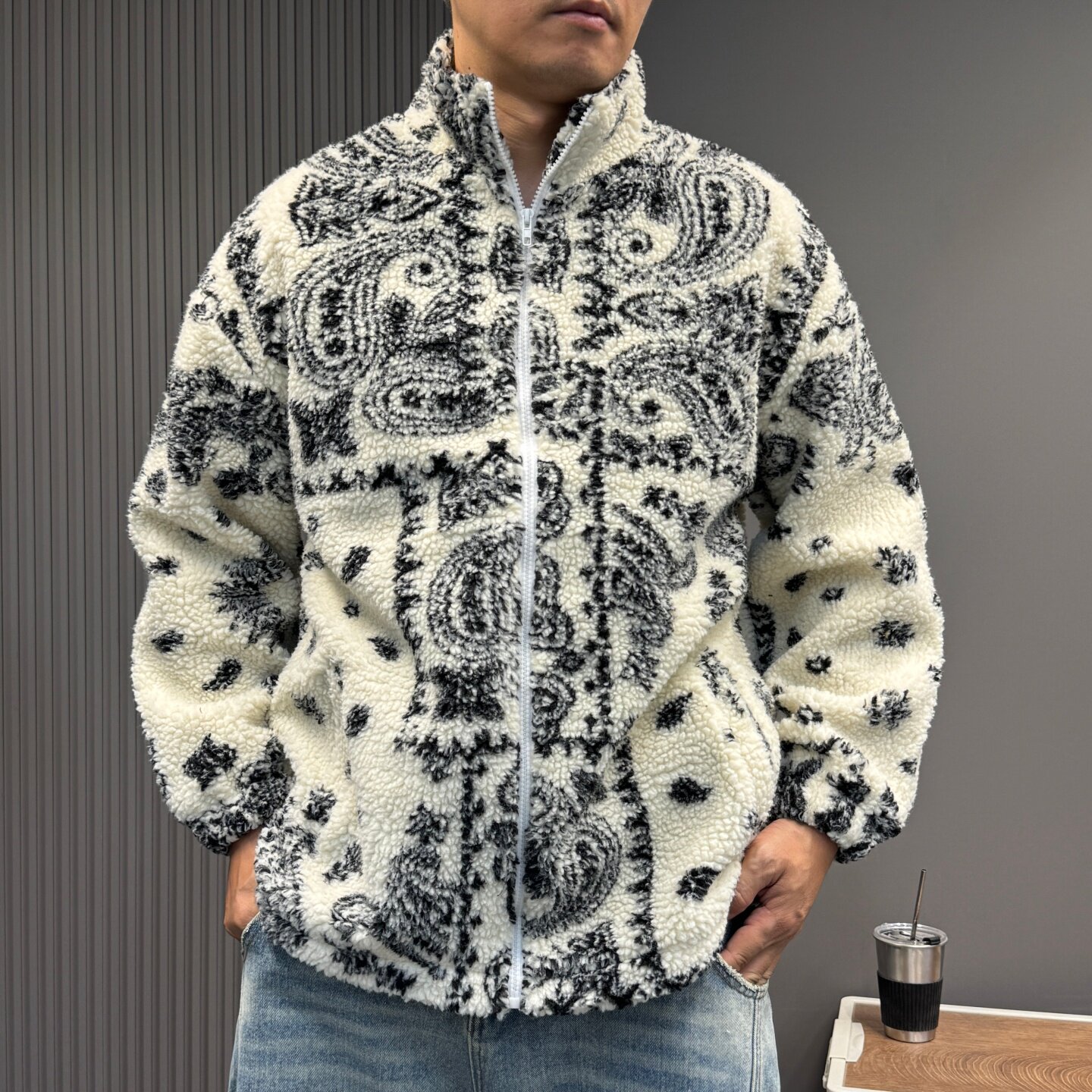 秋冬复古提花羊羔绒保暖抗风外套