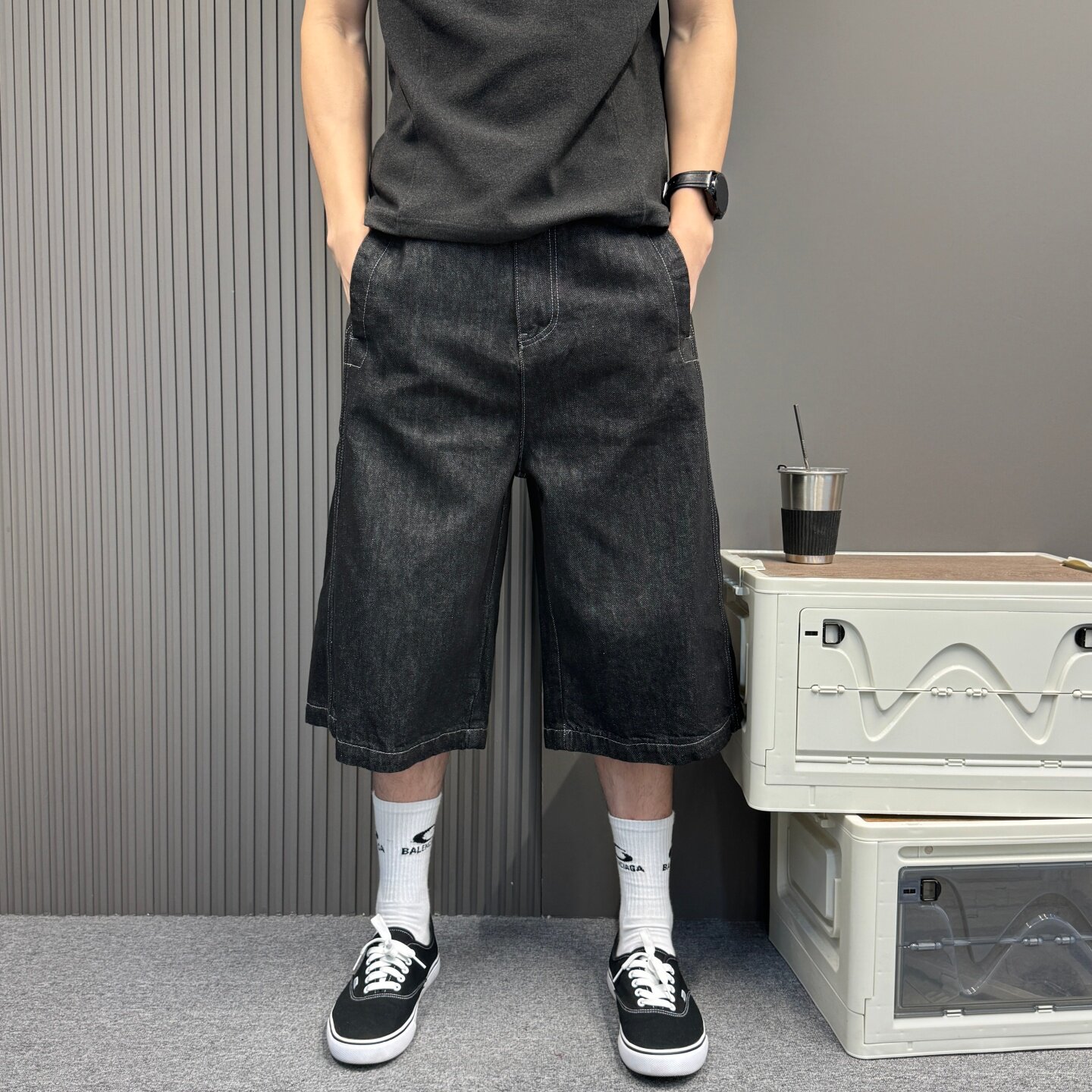 2026夏季日系复古水洗做旧黑色七分裤男牛仔裤宽松直筒设计感短裤