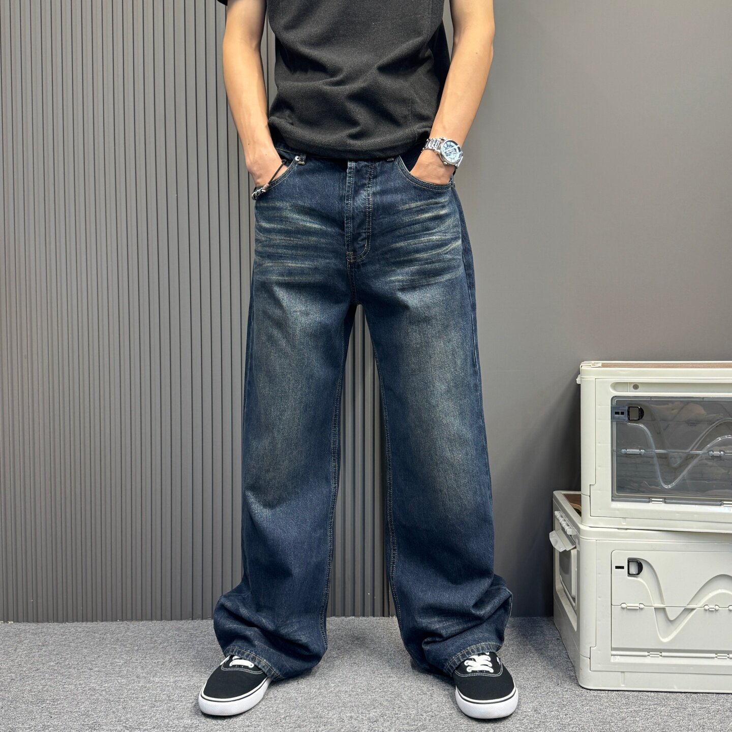 美式复古摩登潮流宽松阔腿牛仔裤男原创堆叠感褶皱设计感裤脚情侣