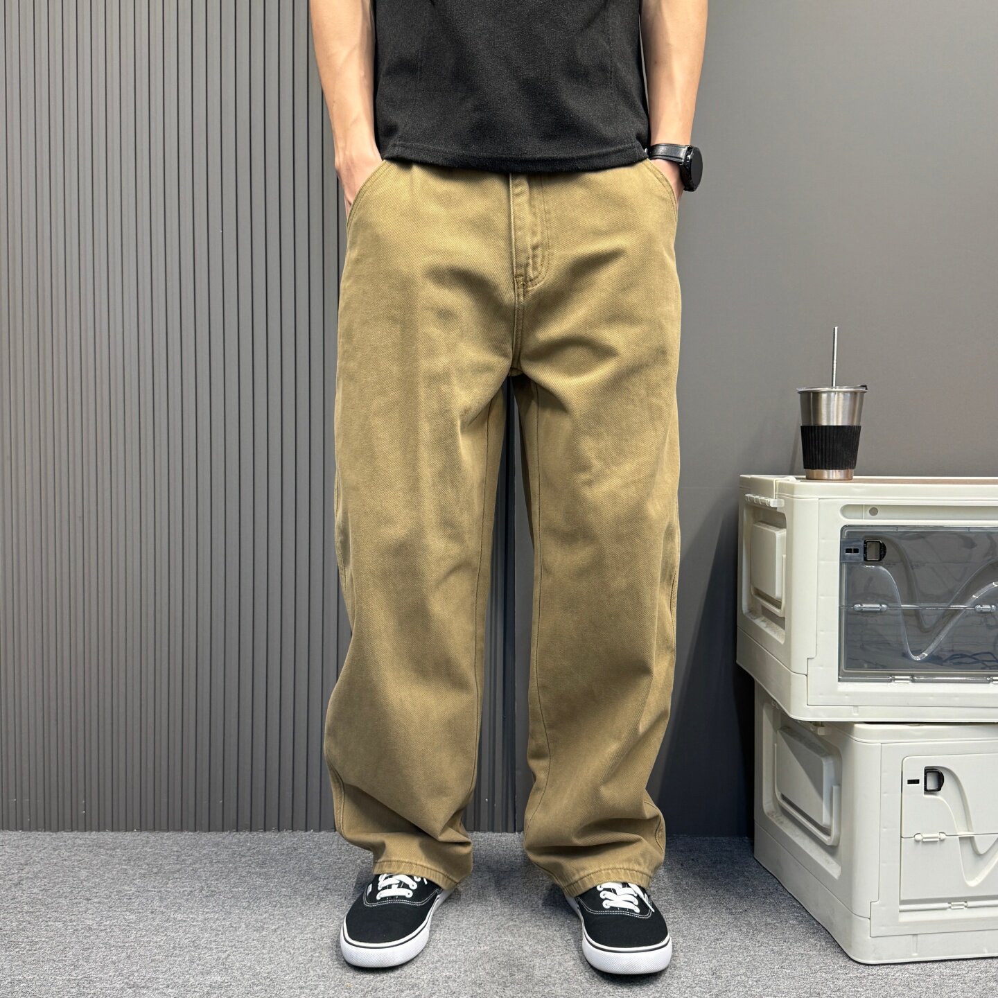hiphop裤子男款复古直筒裤休闲牛仔裤日系街头休闲卡其色工装长裤