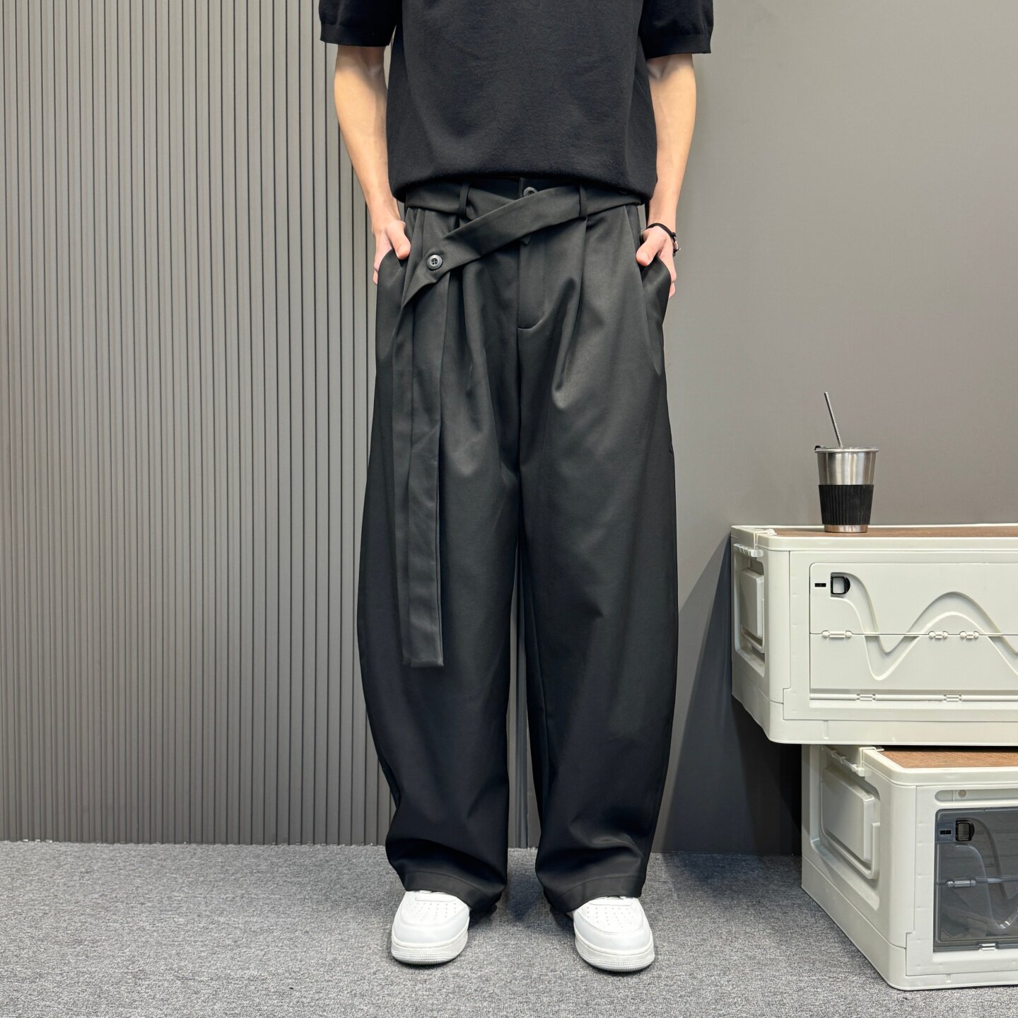 韩系老钱风春夏新款潮流飘带垂感弯刀裤休闲宽松时尚百搭阔腿裤子