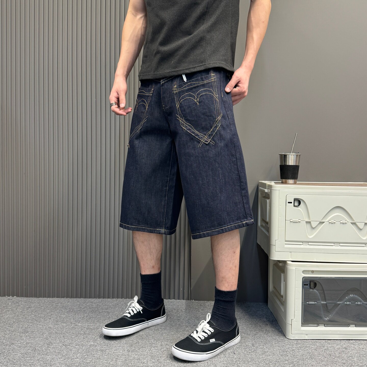 美式街头音乐节口袋前置原牛牛仔短裤男女夏直筒宽松休闲七分裤酷