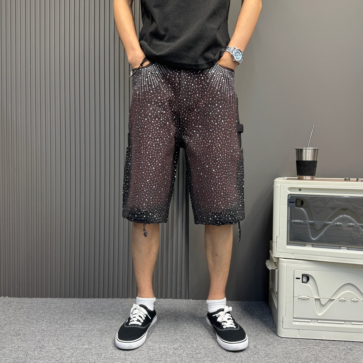 美式烫钻满天星牛仔短裤重磅水钻高级感宽松直筒休闲五分裤男女款