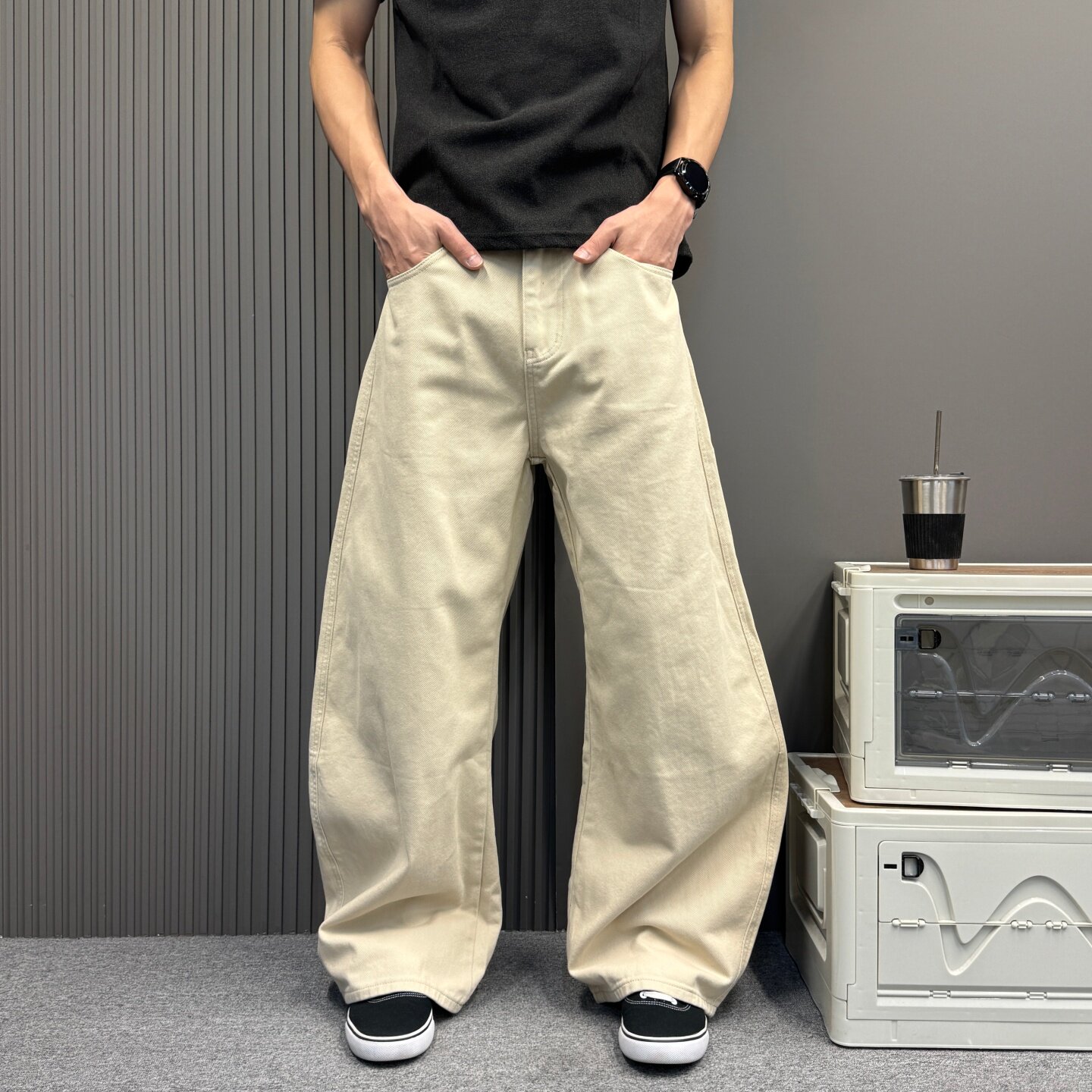夏季设计款宽松水洗休闲工装裤男潮流百搭纯色直筒拖地弯刀牛仔裤