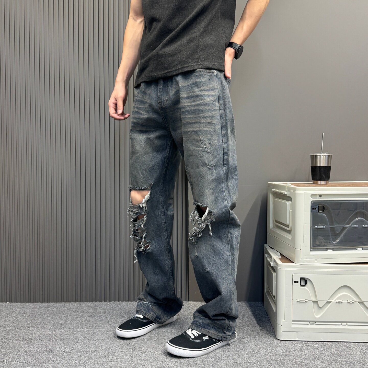 美式纽扣拖地水洗秋破洞男裤显高