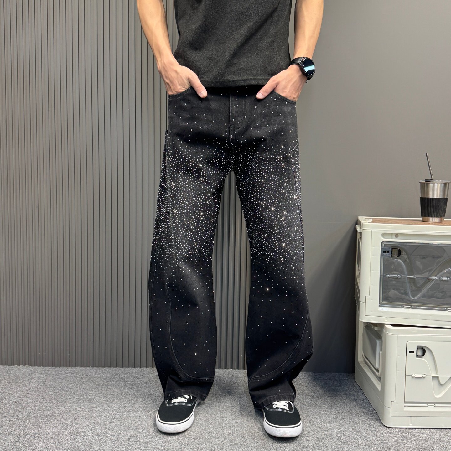 烫钻牛仔裤男新款黑色满天星渐变重工弯刀阔腿宽松高街痞帅长裤