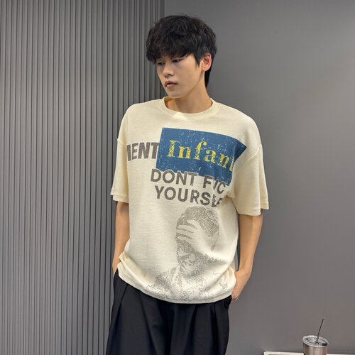 夏季美式街头风华夫格字母印花短袖T恤男女同款圆领宽松潮流上衣