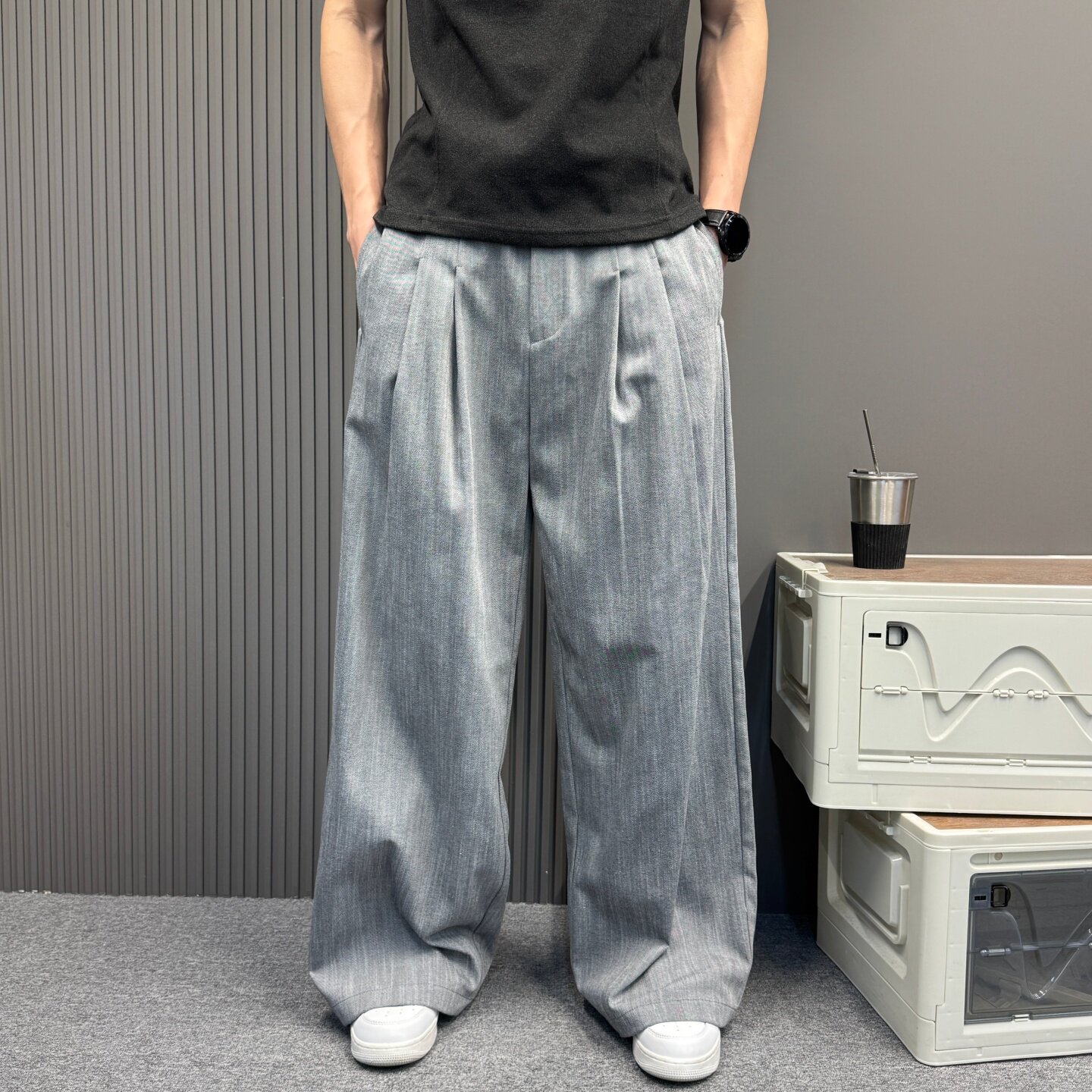 夏季垂感双褶条纹阔腿西裤
