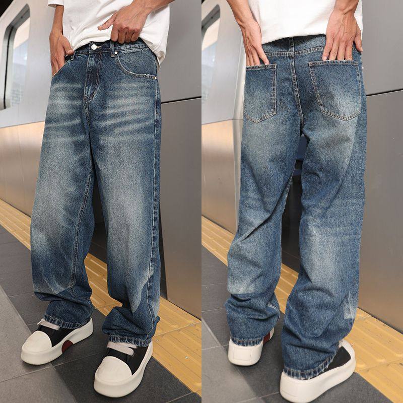 美式休闲潮牌复古做旧阔腿牛仔裤男士宽松直筒垂感潮流百搭慵懒风