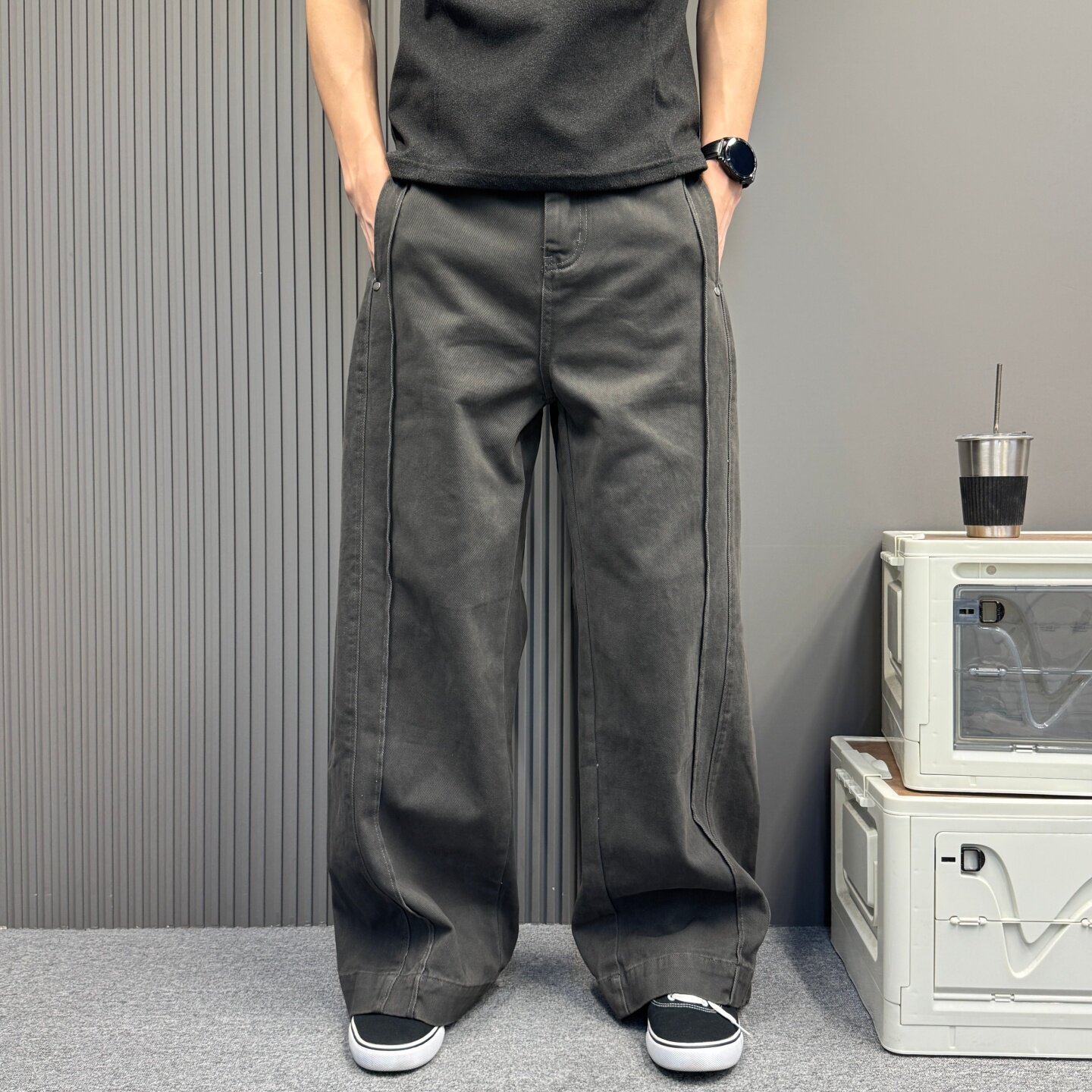 灰色复古宽松直筒休闲裤休闲宽松立体分割慵懒松弛阔腿牛仔裤男女