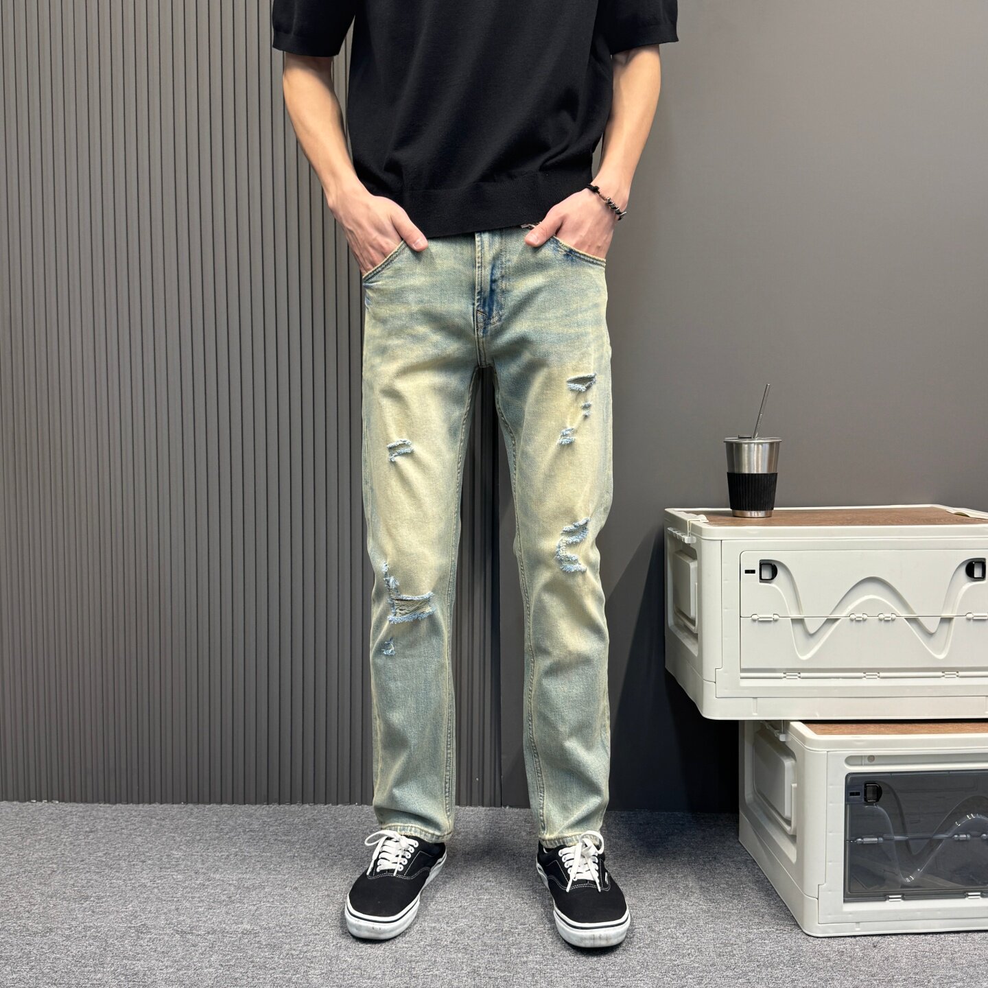 水洗磨白蓝色破洞牛仔裤男士2026新款夏季薄款男裤直筒长裤子男款