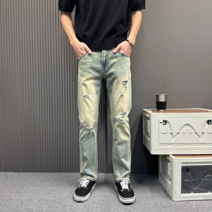 水洗磨白蓝色破洞牛仔裤男士2026新款夏季薄款男裤直筒长裤子男款