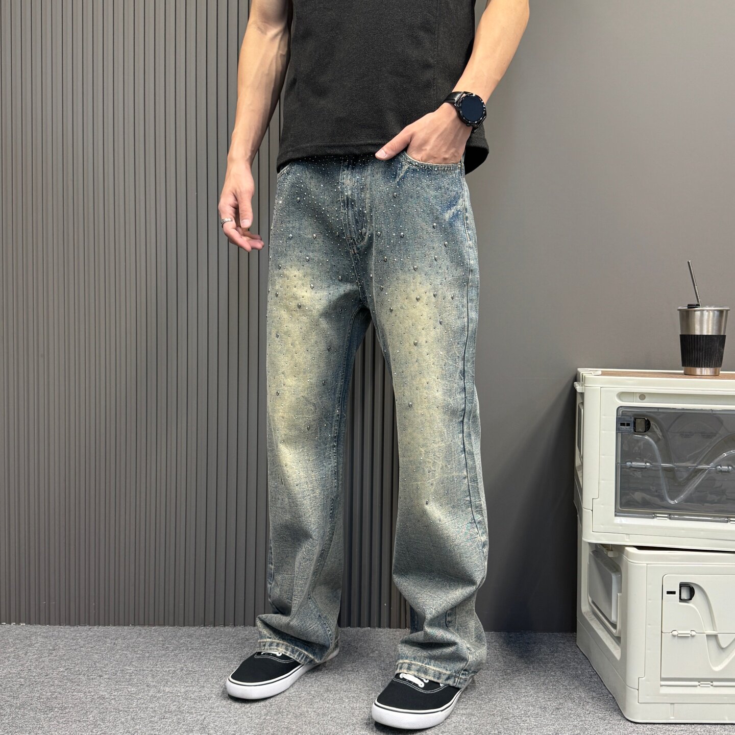 铆钉烫钻牛仔裤男新款 黄泥渐变水洗满天星宽松直筒阔腿痞帅长裤