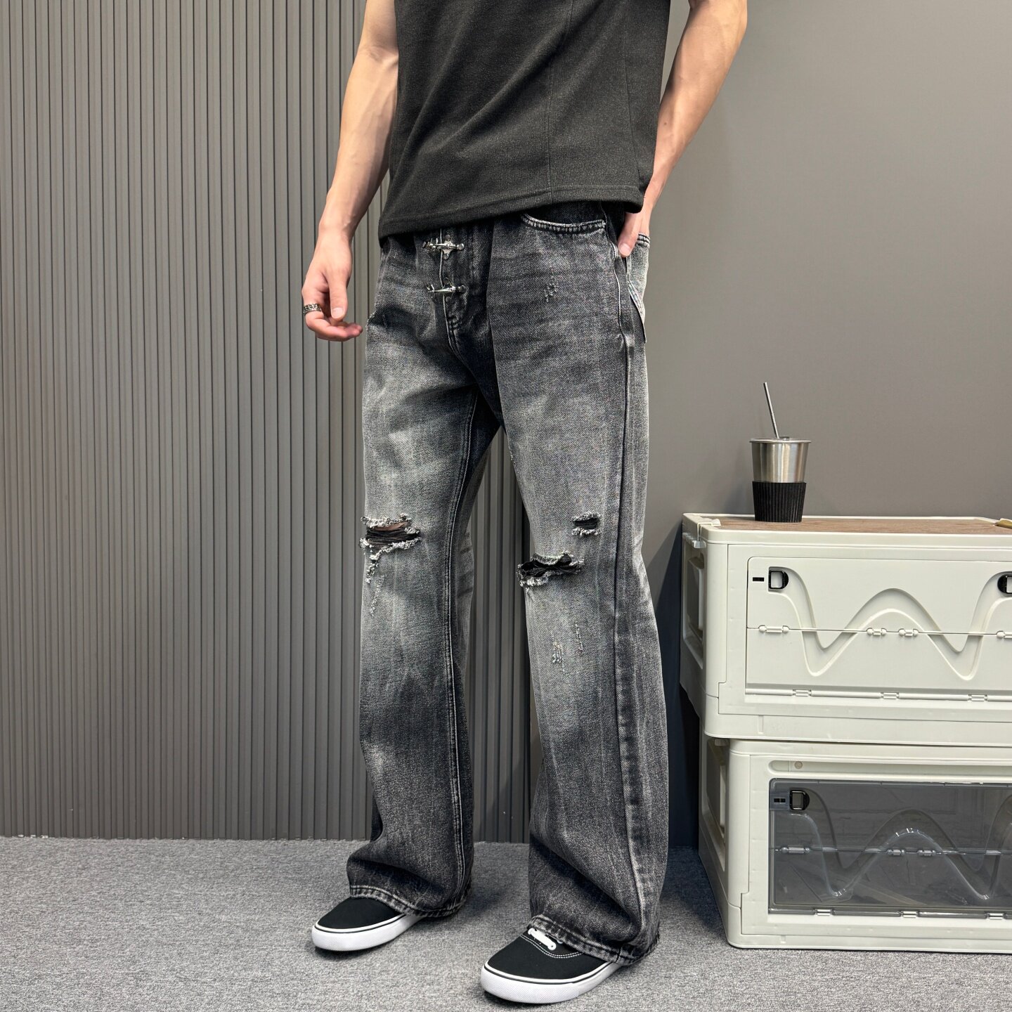 美式复古水洗膝盖破洞牛仔裤男宽松显高百搭街头感夏季微喇牛仔裤