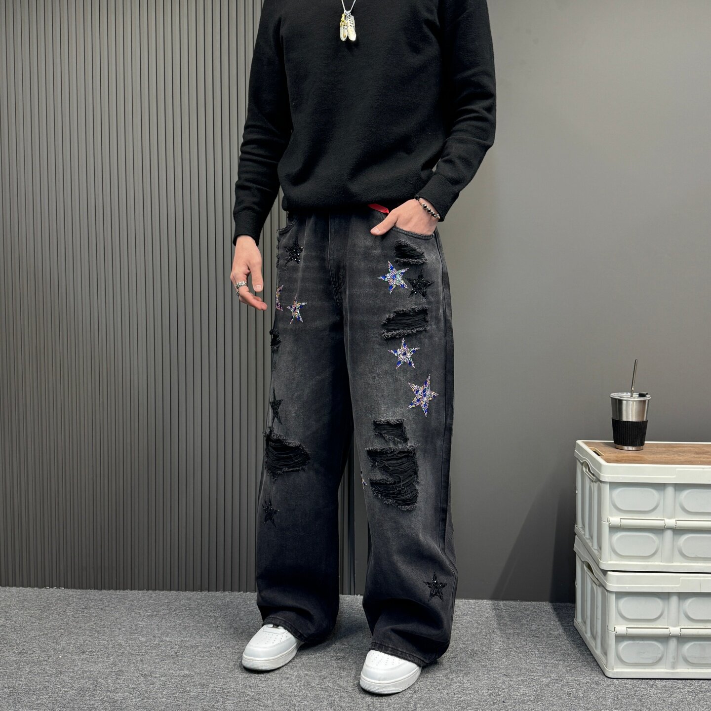 美式高街烫钻五角星破洞牛仔裤男2026新款宽松阔腿休闲百搭裤子男