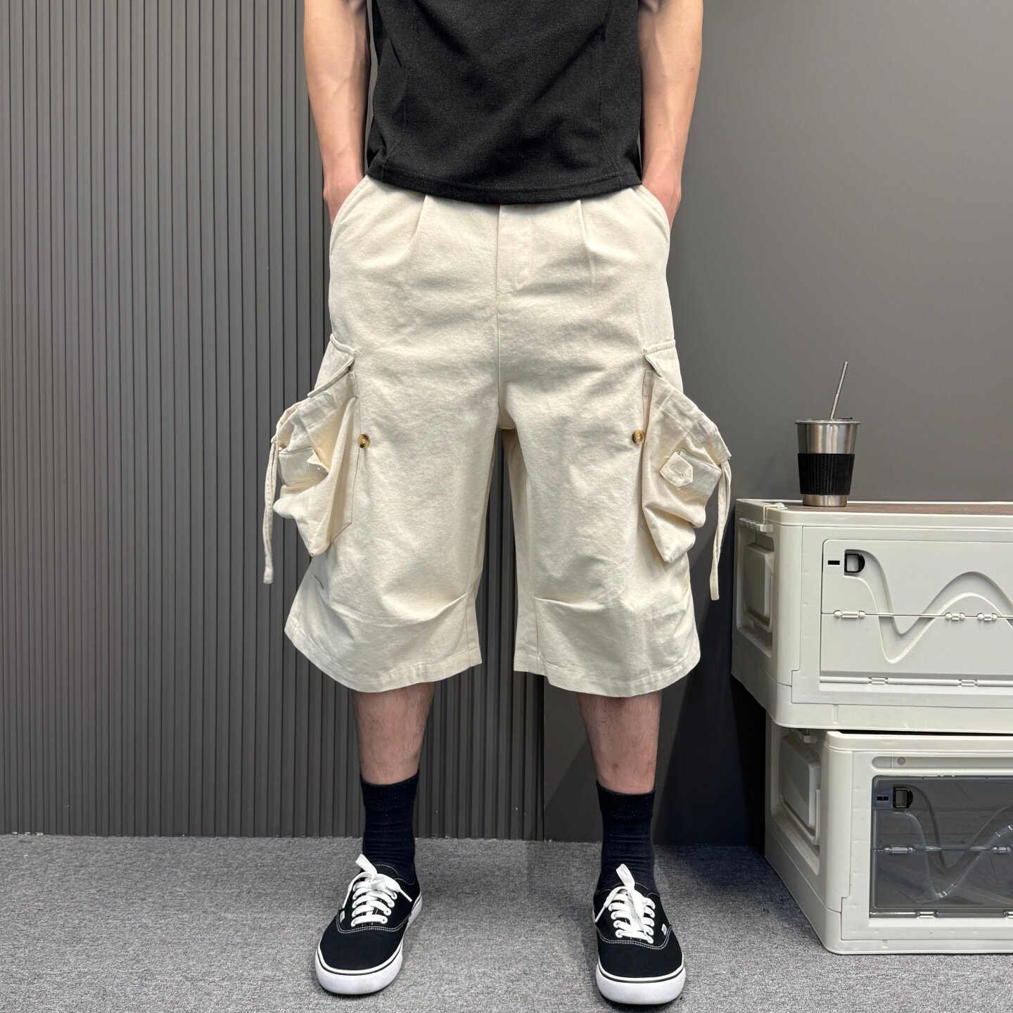 日系复古街头时尚阔腿工装口袋七分裤男日常宽松休闲直筒伐木短裤