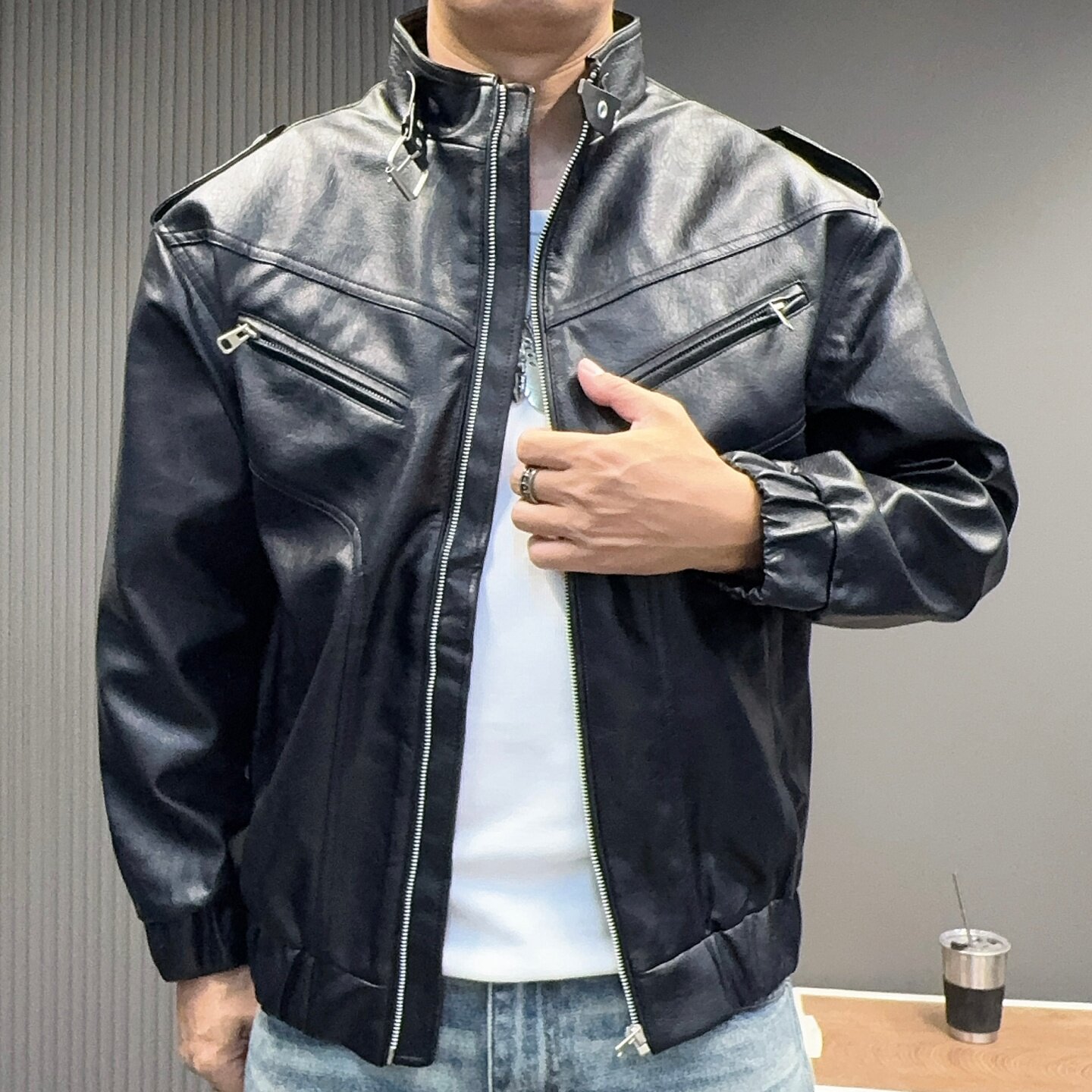 高级感cleanfit立领拼接解构设计感机车皮衣夹克男女秋冬外套情侣