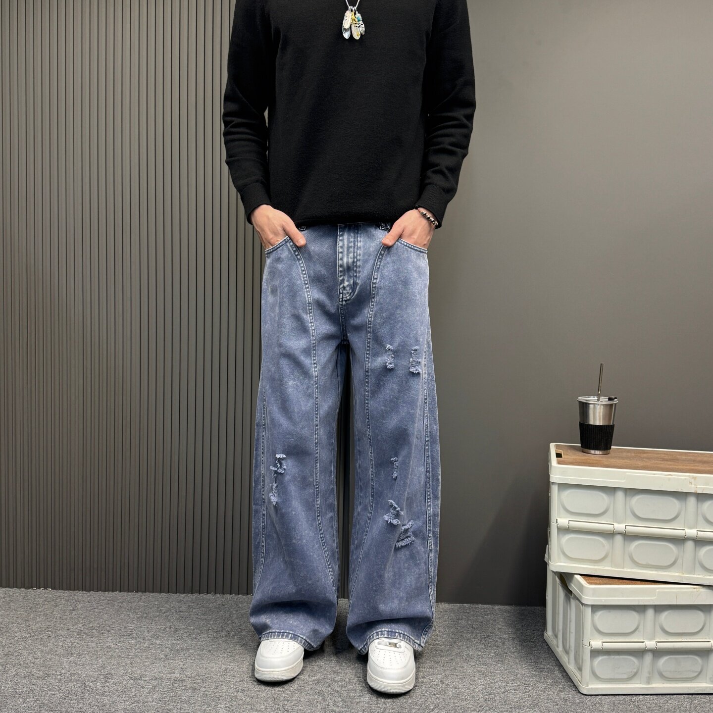 破洞休闲牛仔裤2026新款男女款美式复古高街个性痞帅水洗阔腿裤子