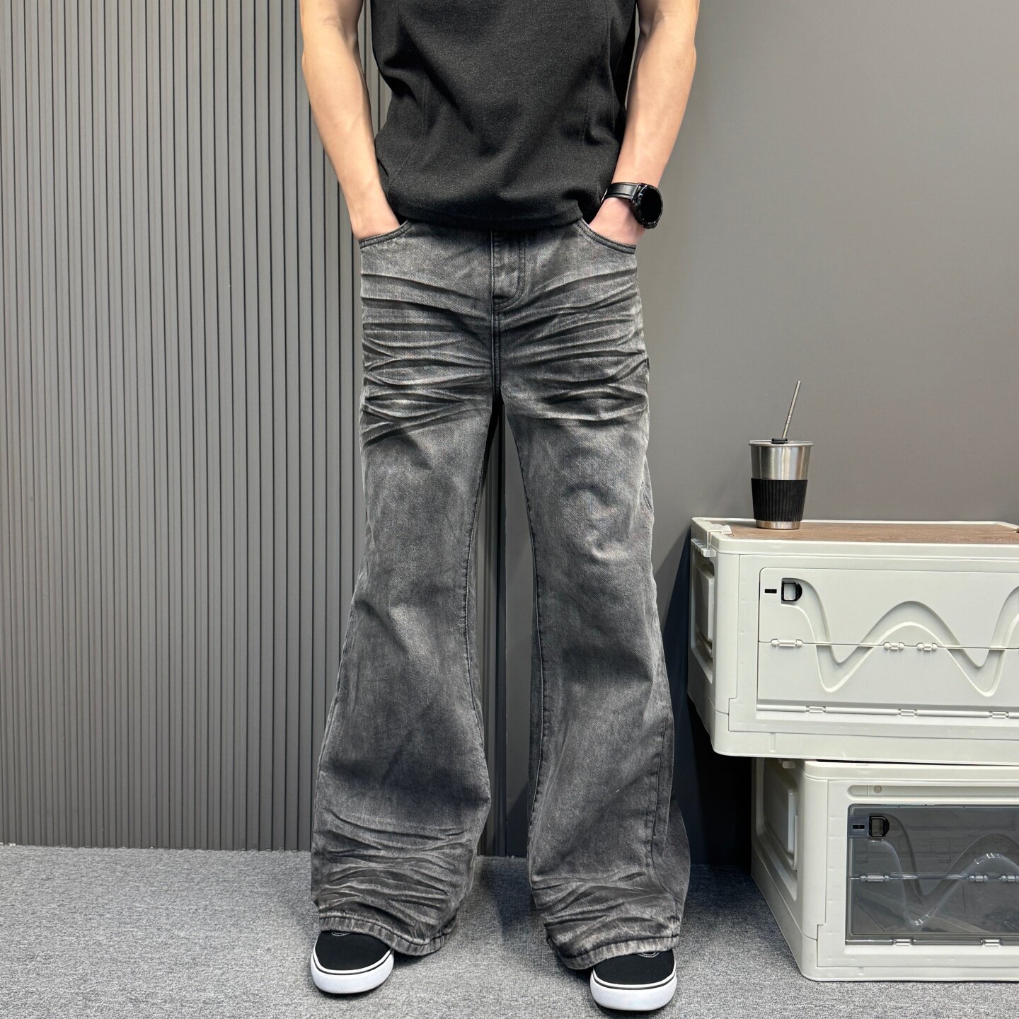 烟灰色水洗褶皱阔腿牛仔裤男cleanfit风直筒宽松显瘦美式复古长裤