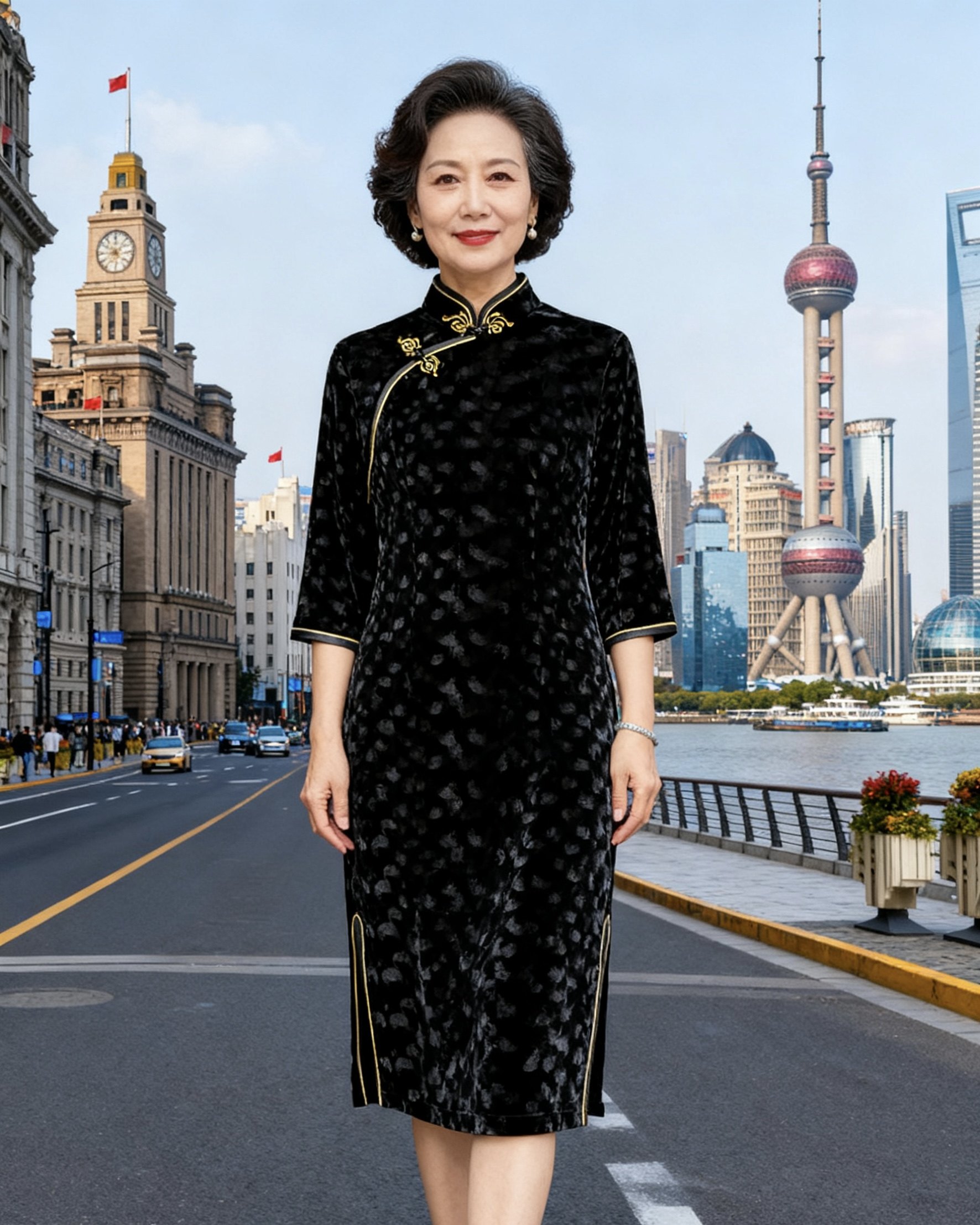 云水吟Xl大码黑色丝绒短旗袍0019秋七分袖主持中老年演出连衣裙