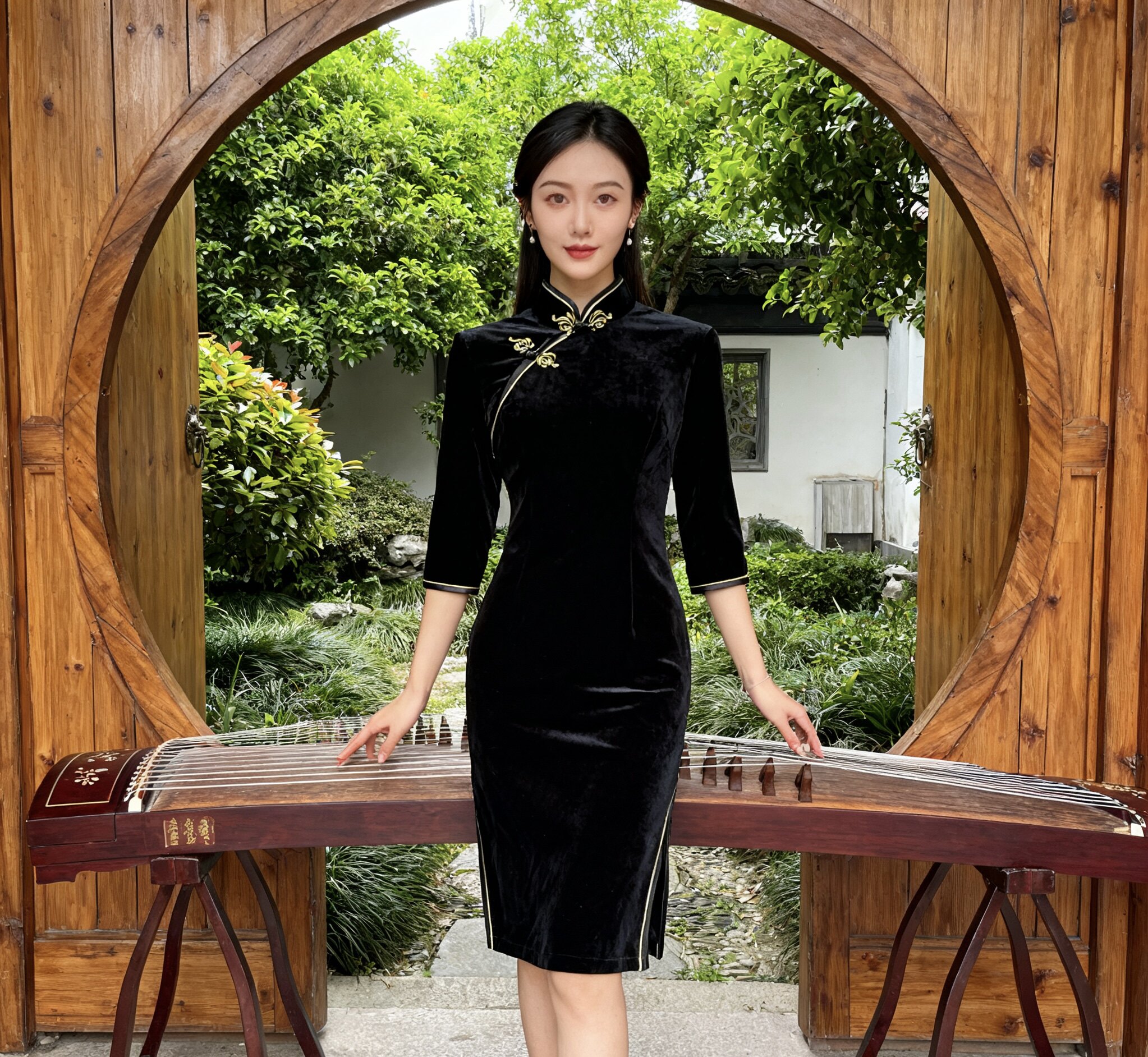 云水吟M码金丝绒中袖短旗袍显瘦0017开叉主持连衣裙古筝春节女