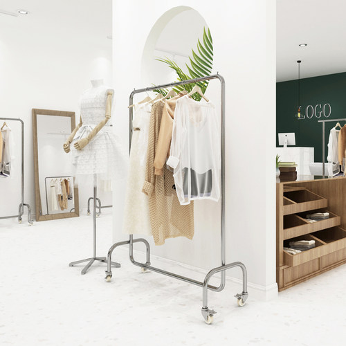 服装店展示架落地式带轮子银色