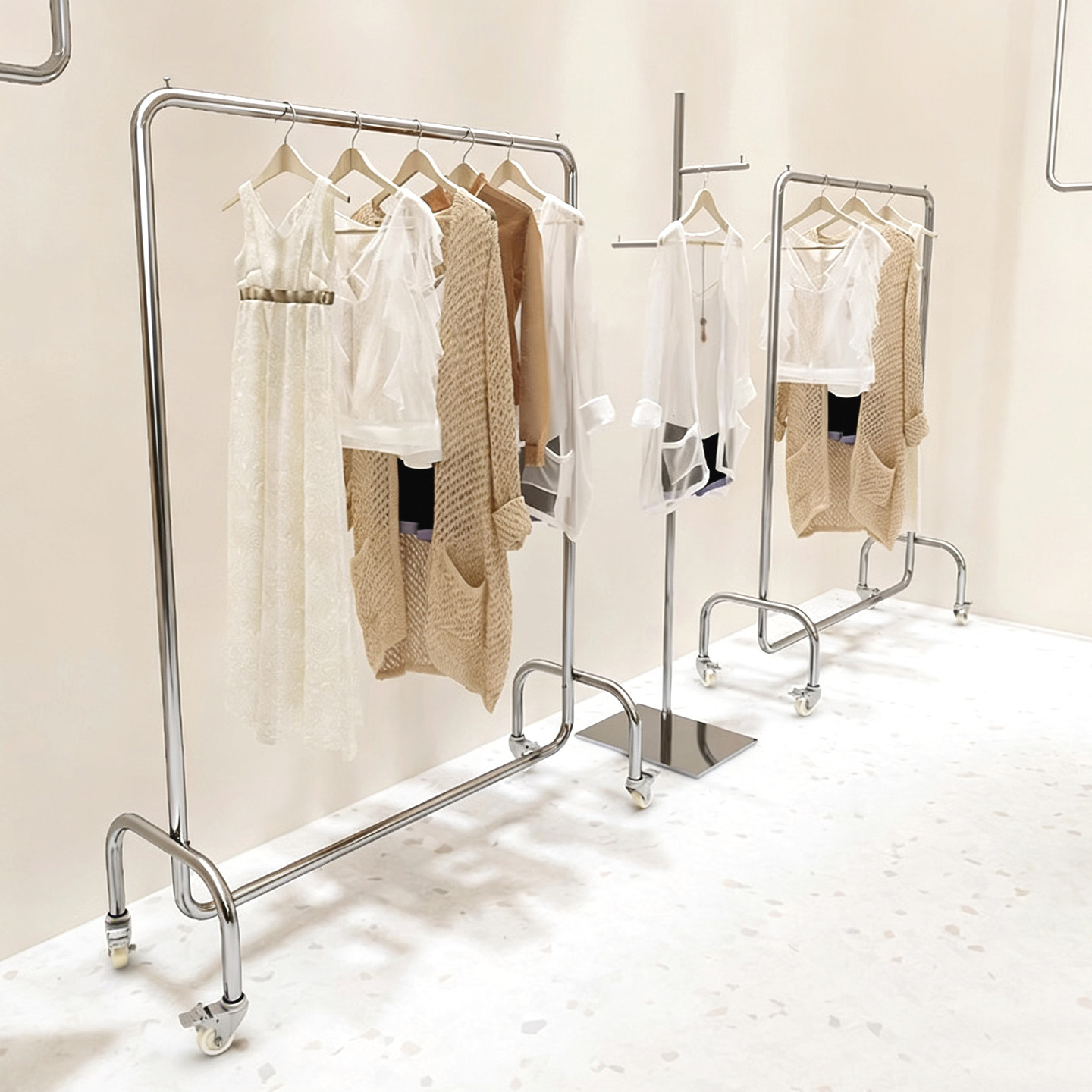 服装店挂衣杆不锈钢带轮子银色中岛落地式陈列架女装店货架展示架