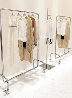 服装店挂衣杆不锈钢带轮子银色中岛落地式陈列架女装店货架展示架