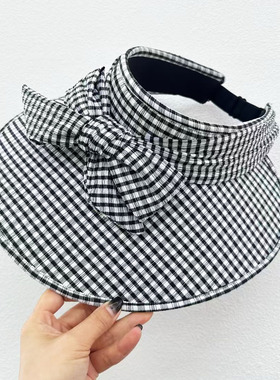 新款格子蝴蝶结空顶帽女春夏季出游遮阳防晒帽大檐显脸小太阳帽潮