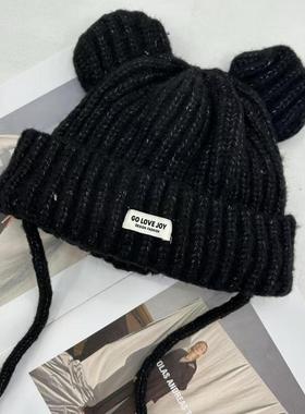 针织帽女韩版可爱系带小熊耳朵毛线帽秋冬加绒加厚保暖百搭包头帽