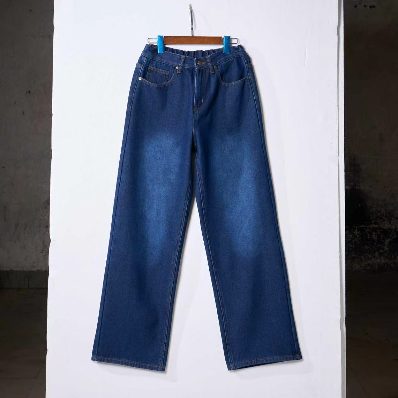 2026冬季新款男装高腰宽松直筒牛仔裤加绒加厚保暖深蓝色长裤