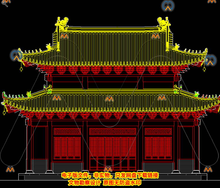 CAD仿古建筑五开间二层重檐歇山顶砖木结构藏经阁横纵剖面CAD图纸