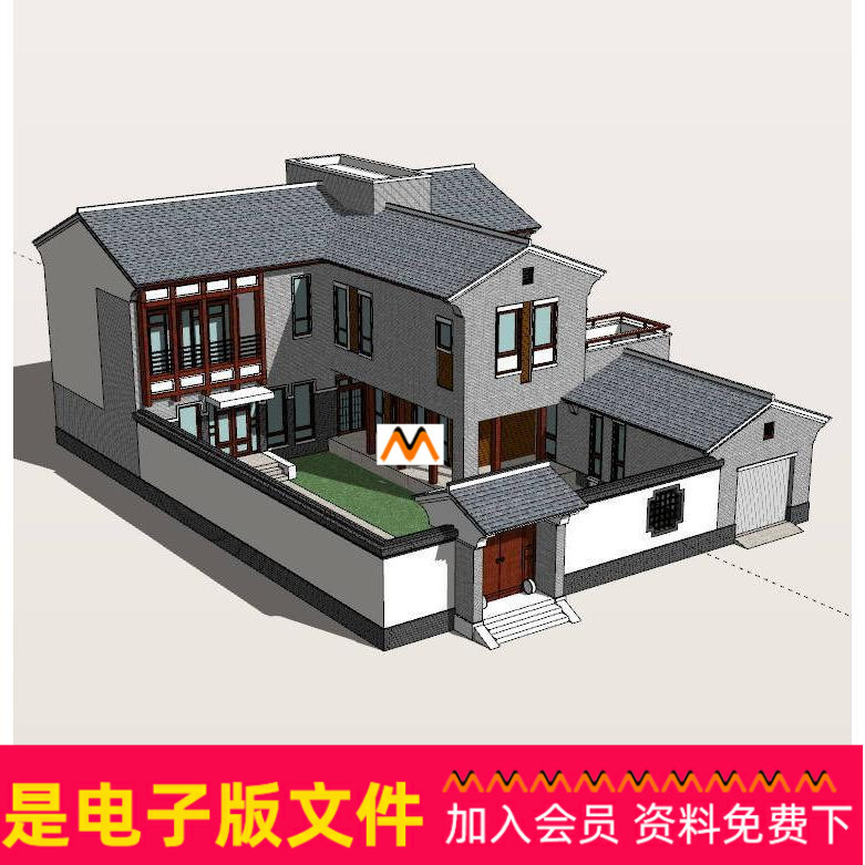 X376现代中式仿明清代二层新农村别墅民宿客栈农村酒店住宿SU模型