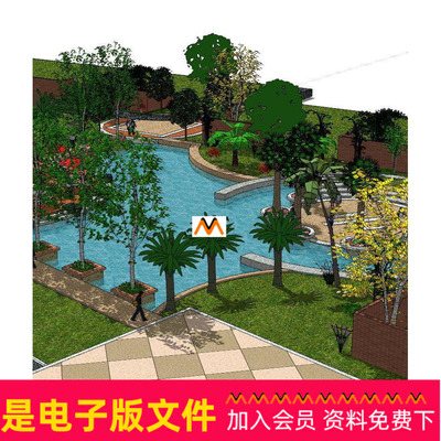 X225住宅小区中心公园人工湖水景欧式湖泊池塘水池景观设计SU模型