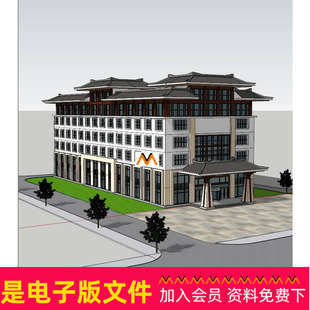宾馆酒店仿古宾馆汉代酒店办公楼建筑SU模型 X362五层汉唐时代风格
