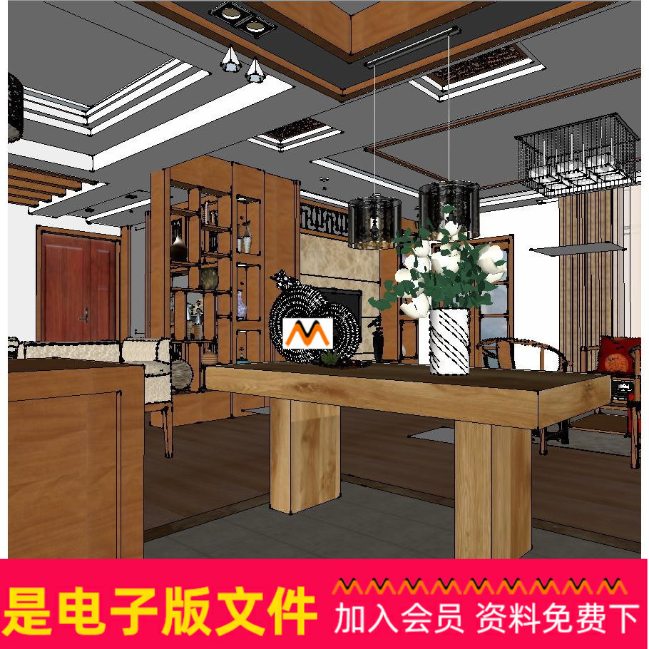 W1435现代中式仿古客厅中式室内装修设计素材家具背景墙SU模型