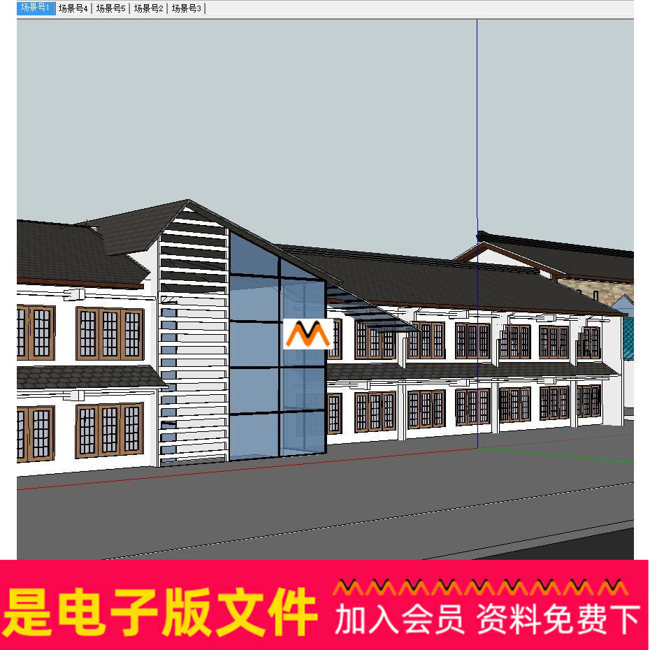 W505新中式徽派风格仿古商业街商铺商住楼建筑徽派办公楼su模型图