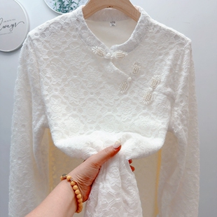 蕾丝打底衫中式秋冬加绒国风新款盘扣洋气时尚小衫上衣宽松衬衫女