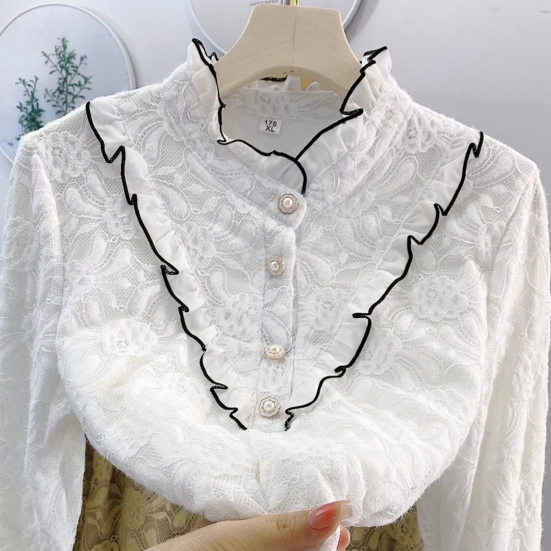 纱网立领蕾丝加绒打底衫