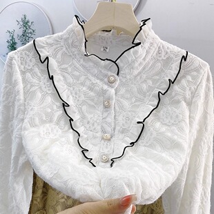 纱网立领蕾丝加绒打底衫女宽松衬衫显瘦遮肉秋冬款小香风保暖衬衣